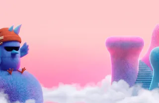 Bluejay's blue bird mascot in sunglasses and a beanie, sitting on a fluffy hill above the clouds