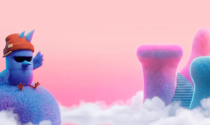 Bluejay's blue bird mascot in sunglasses and a beanie, sitting on a fluffy hill above the clouds