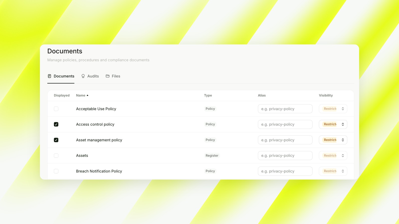 Documents tab with policies selected for display and visibility set to Restricted