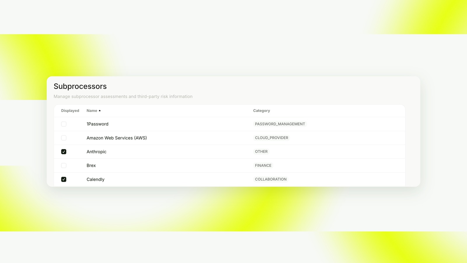 Subprocessors list with checkboxes to choose which vendors are displayed