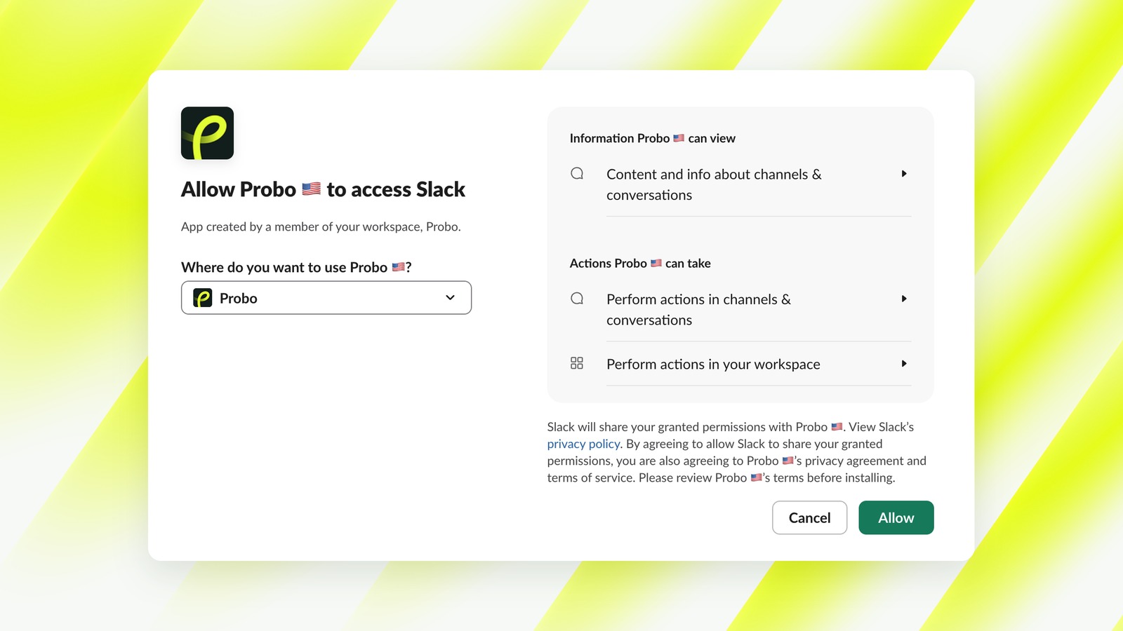 Slack authorization screen asking to allow Probo to access the workspace