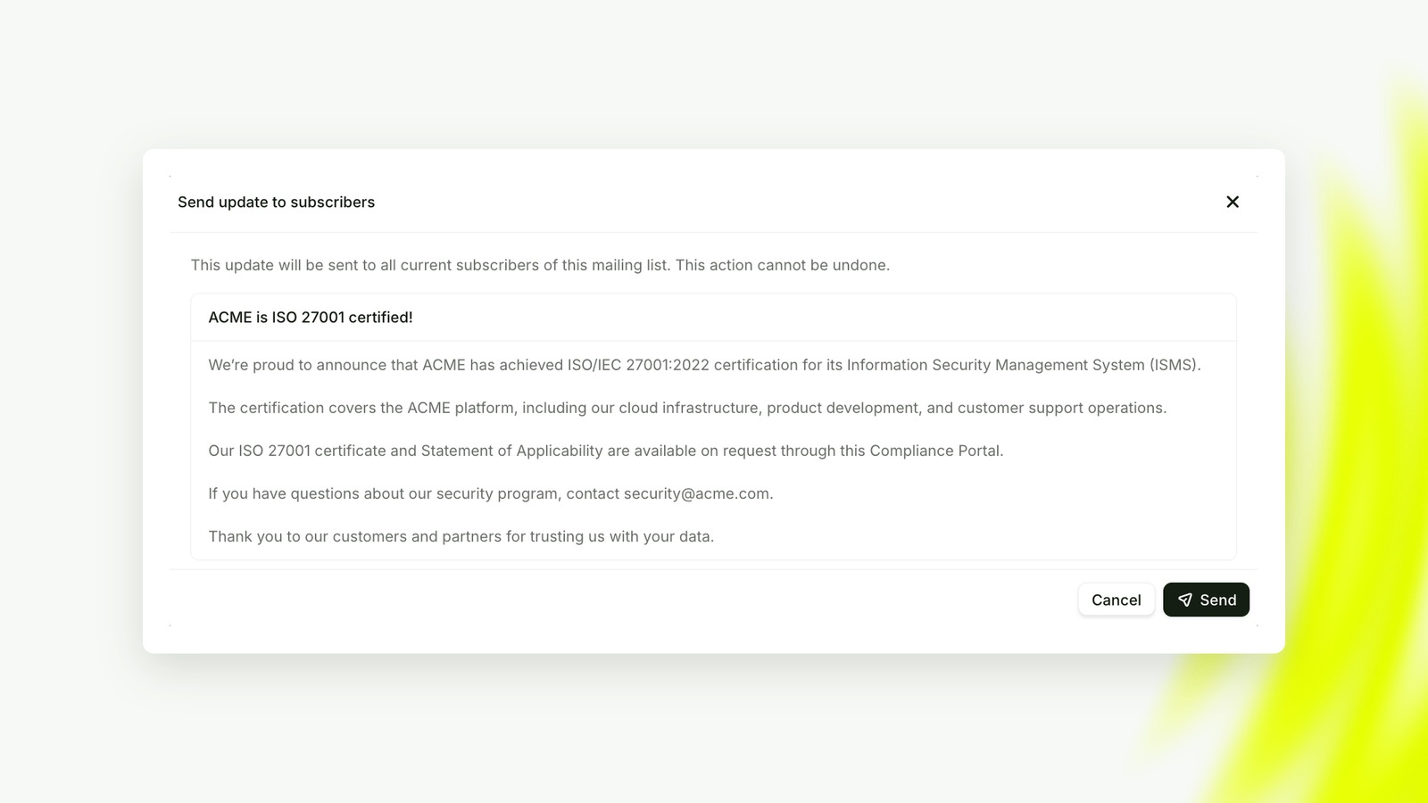 Send update to subscribers confirmation with the full announcement