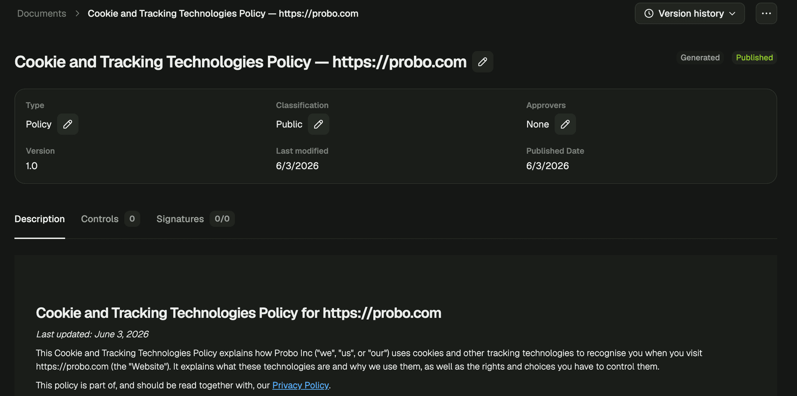 Automatic tracker policy screenshot