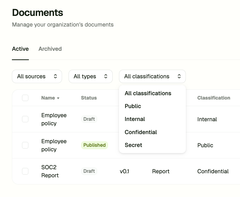 Document classification filter screenshot