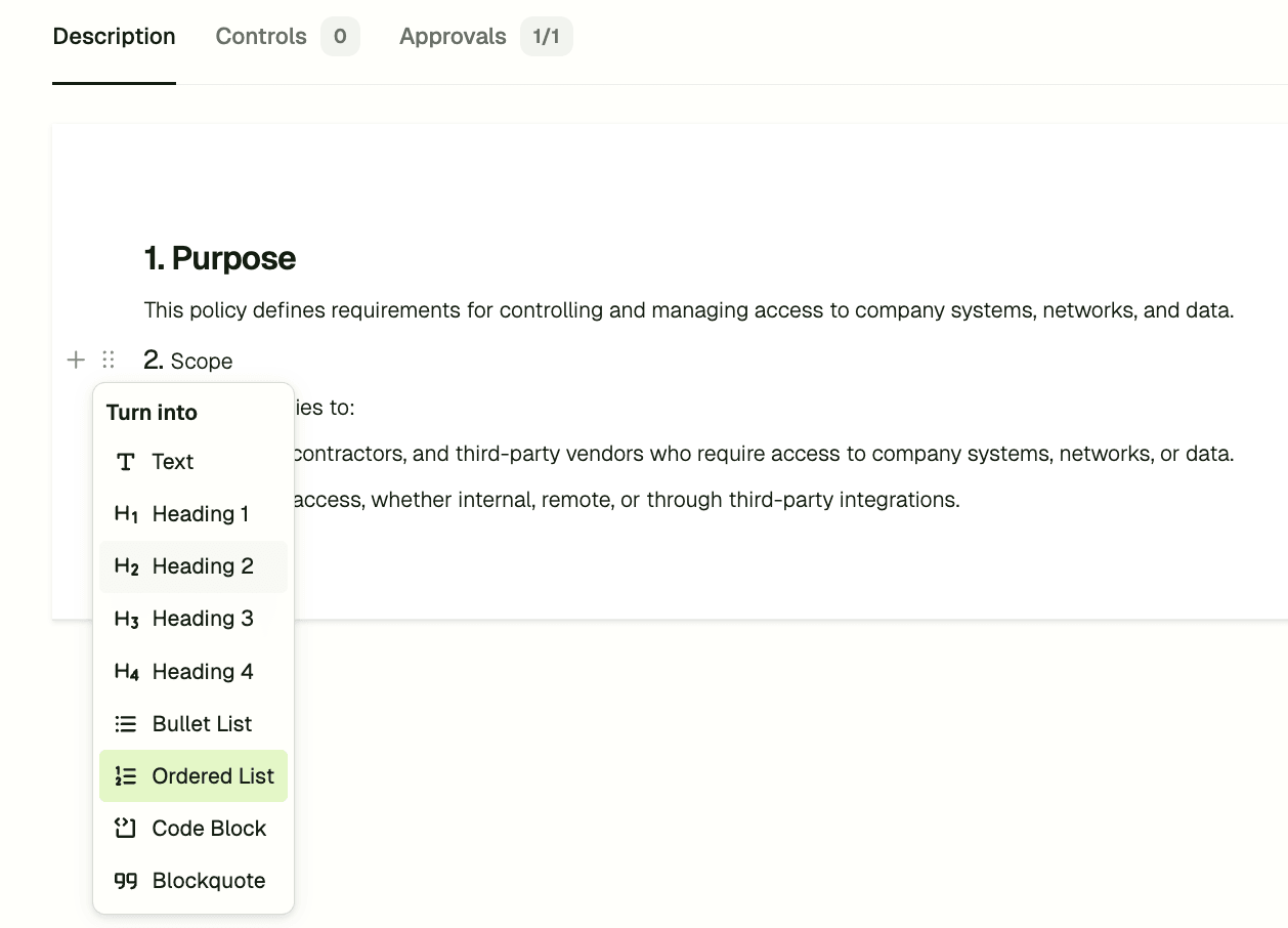 Rich text editor for documents screenshot