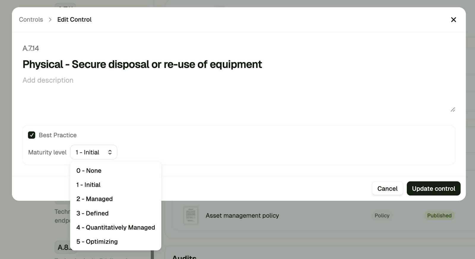 CMMI maturity levels on controls screenshot