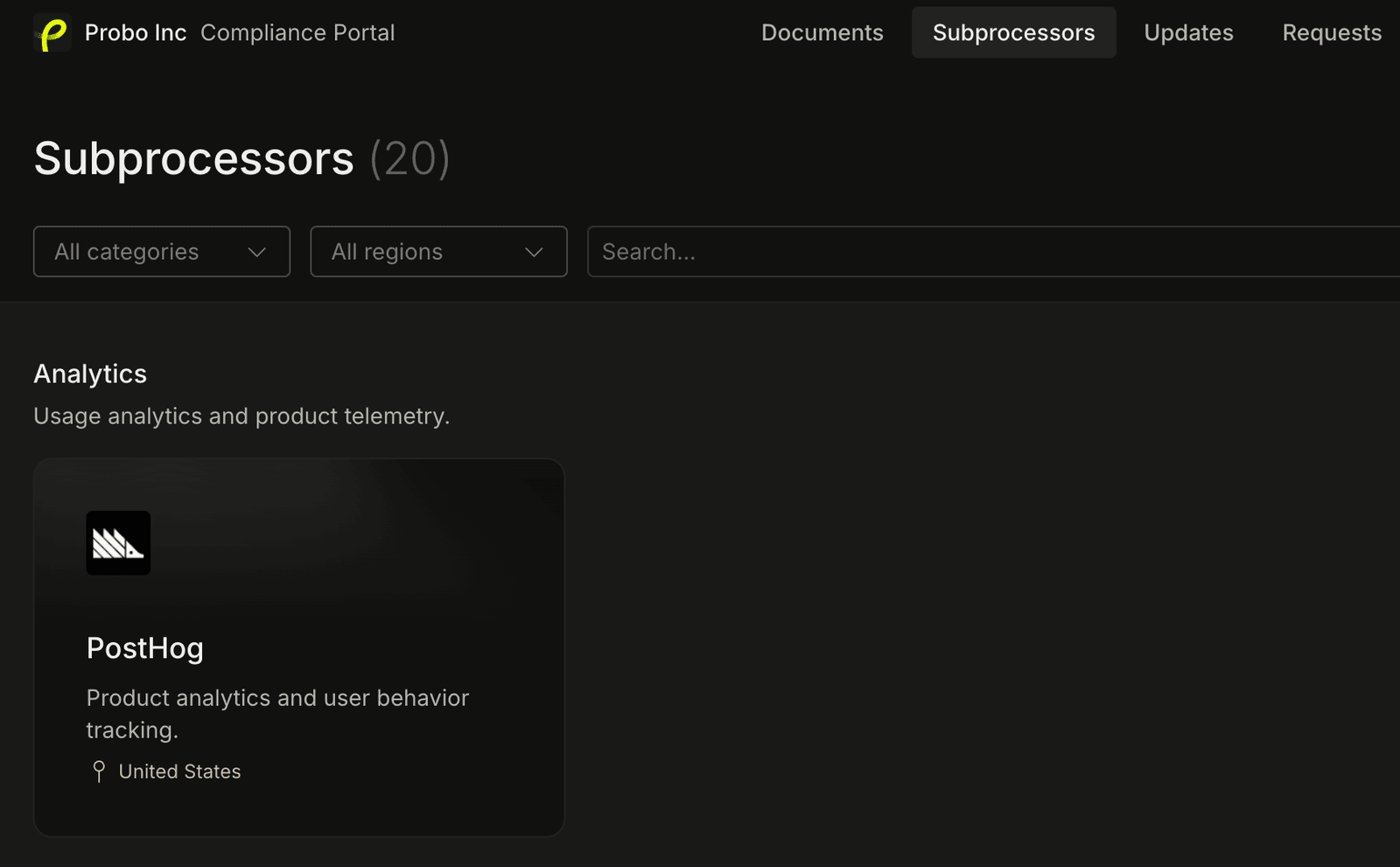 Filter subprocessors on your compliance portal screenshot