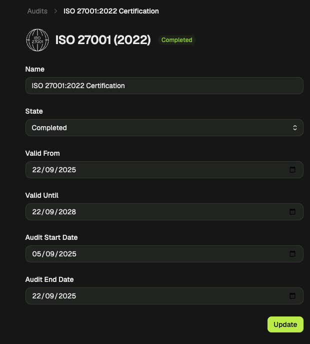 Audit start and end dates screenshot