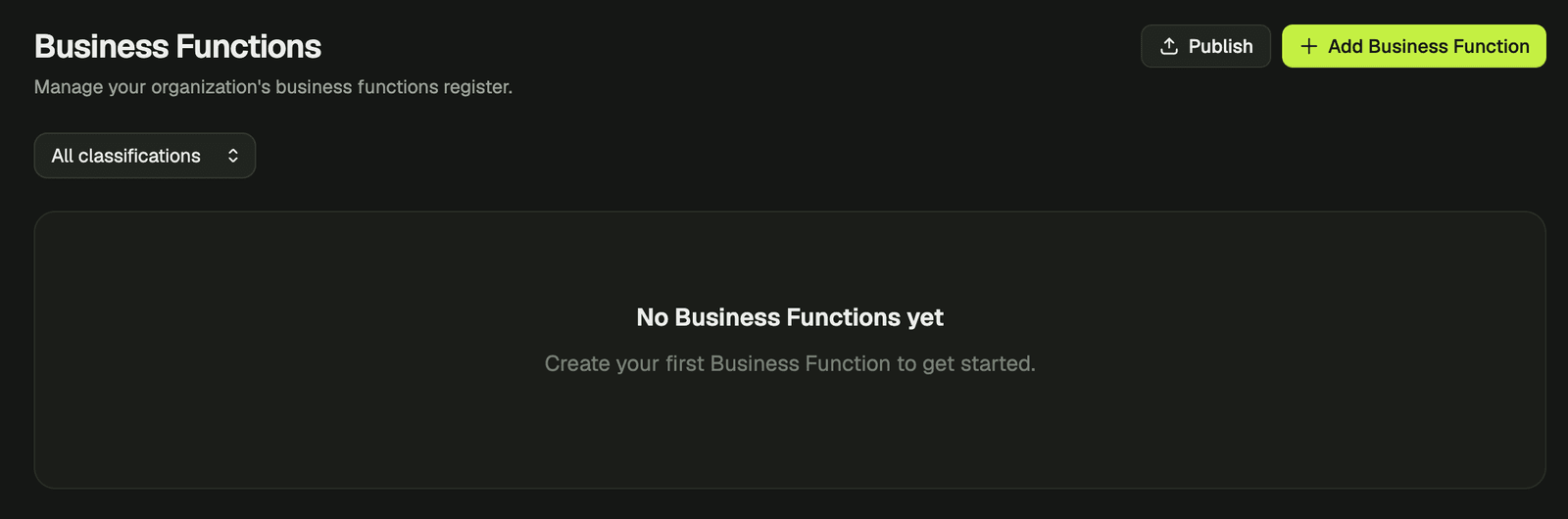 DORA business functions register screenshot