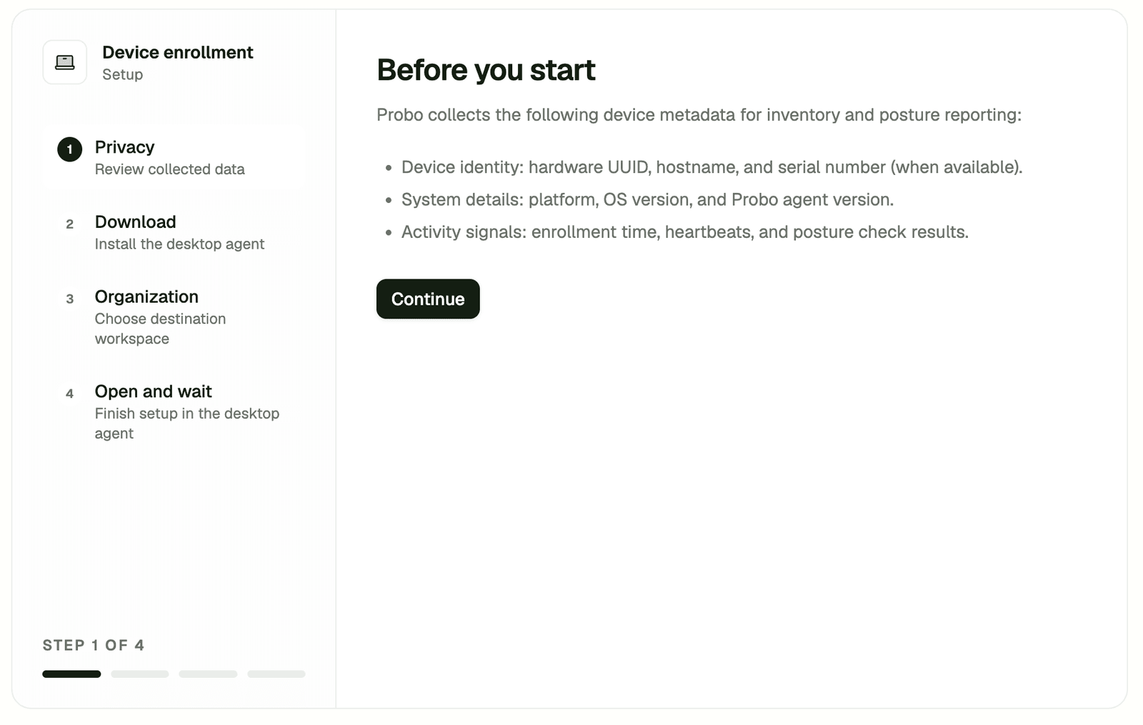 A clearer path to install the Probo agent screenshot