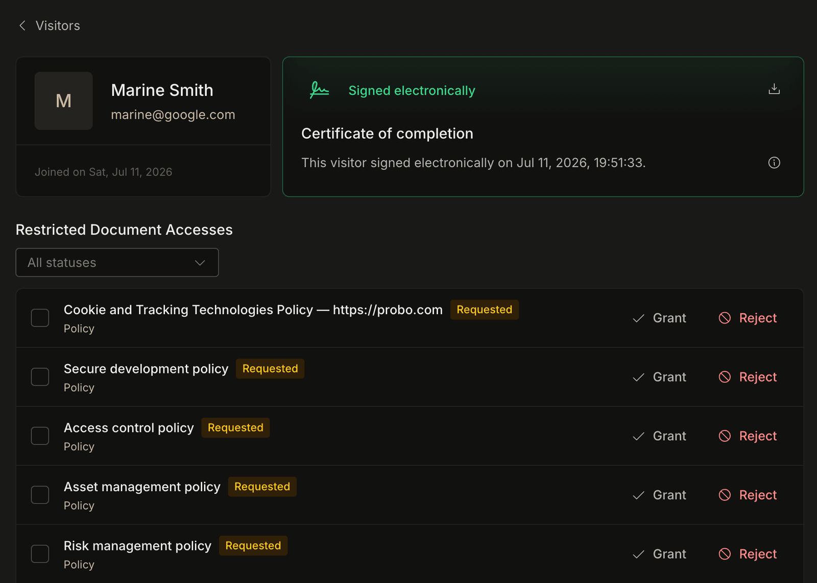 Visitors page for the compliance portal screenshot 2