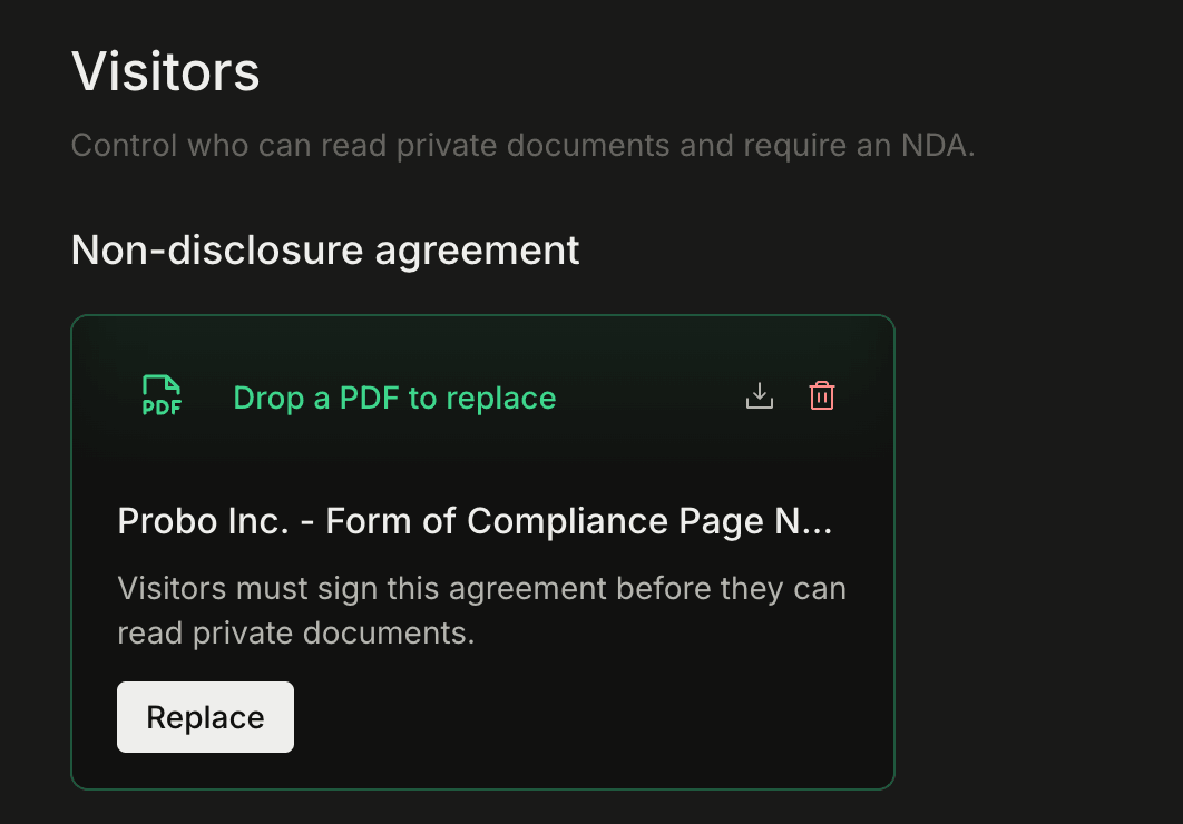 NDA uploads via PDF drop screenshot