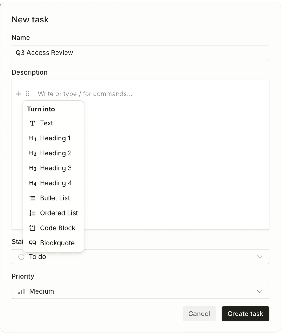 Rich text for task descriptions and comments screenshot