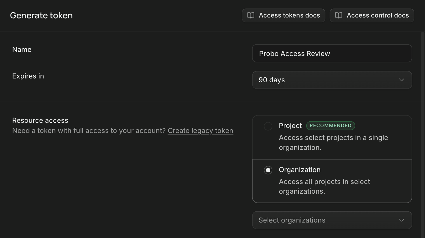 The Generate token dialog in Supabase with Organization resource access selected